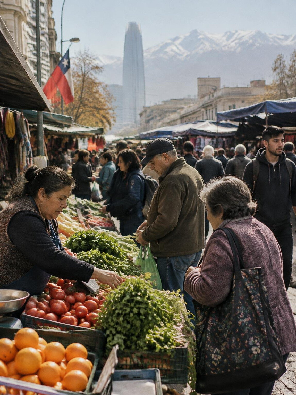 Street vendor and shoppers at an open-air market in Santiago, Chile