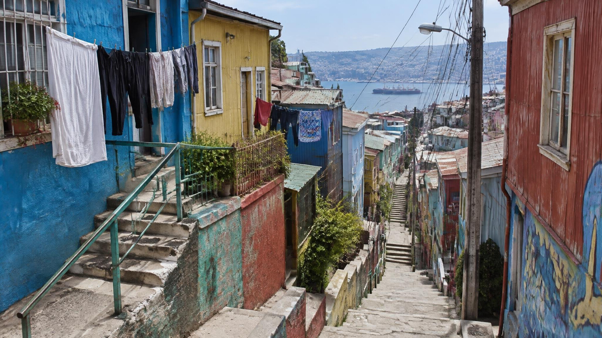 Colorful hillside houses and stairs in Valparaíso, Chile